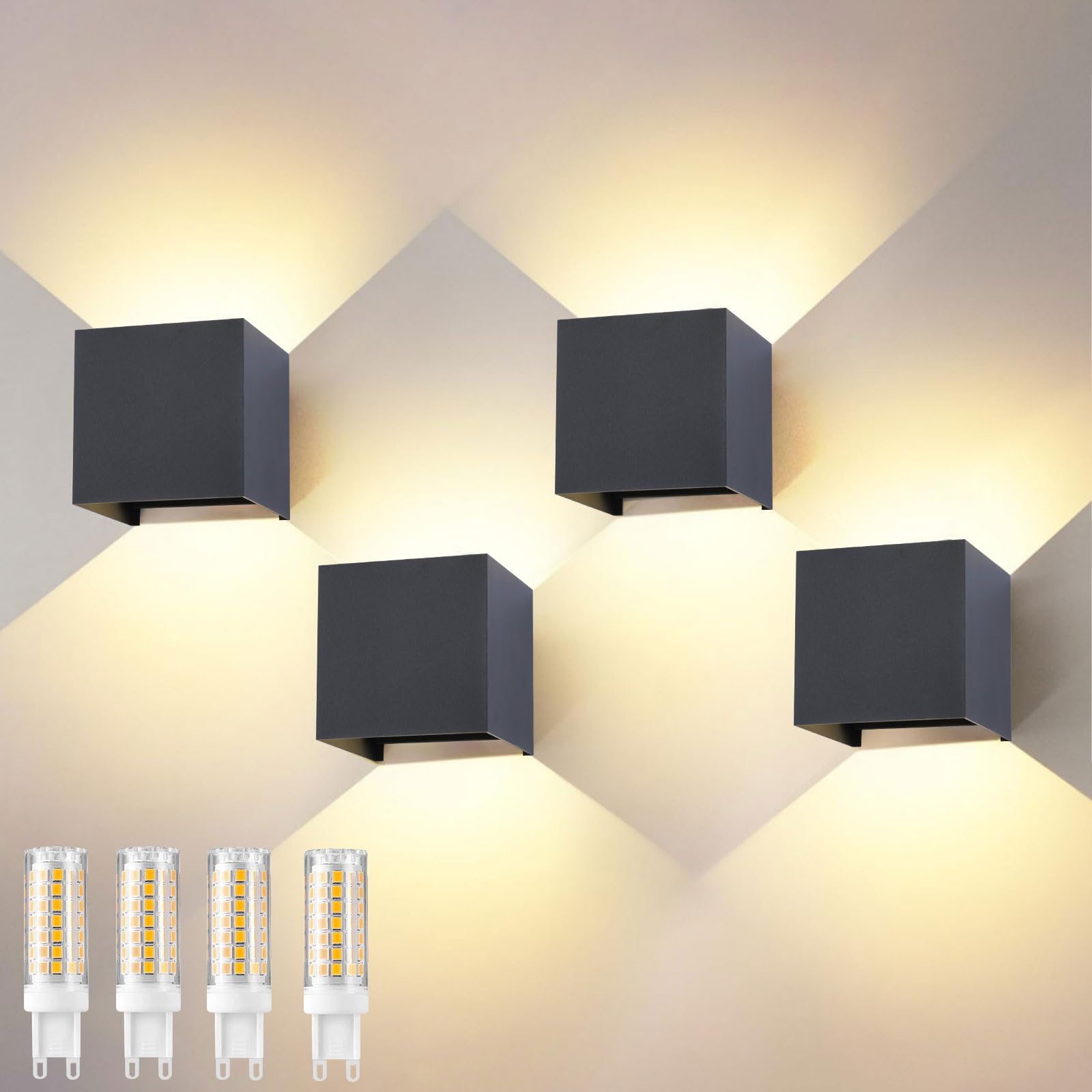 Applique da Esterno/Interno 4 Pezzi, Lampada Parete LED 9W 3000K Bianco Caldo, IP65, G9 Incluse, Antracite, per Giardino, Terrazzo