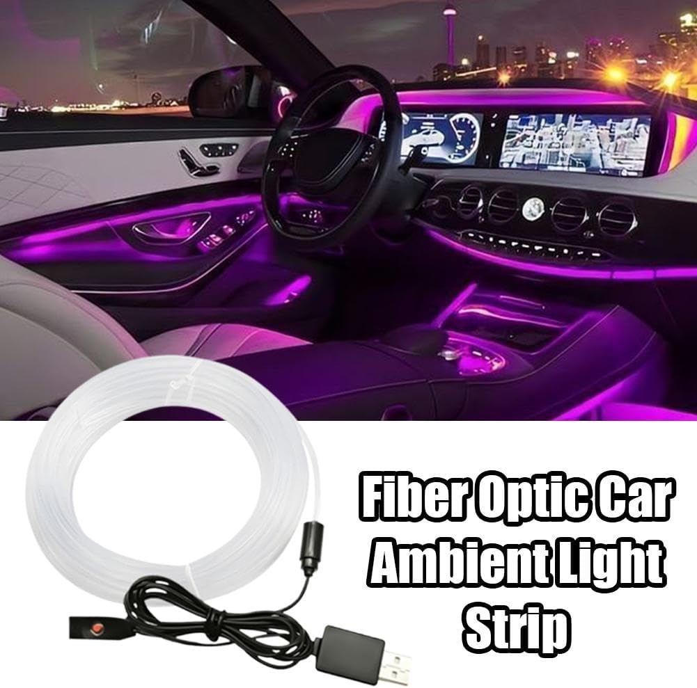 Car Ambient Lighting, USB Fiber Optic RGB Light Strip with Soft Glow, Cuttable Design for Dashboard and Door Crevice Installation (E)
