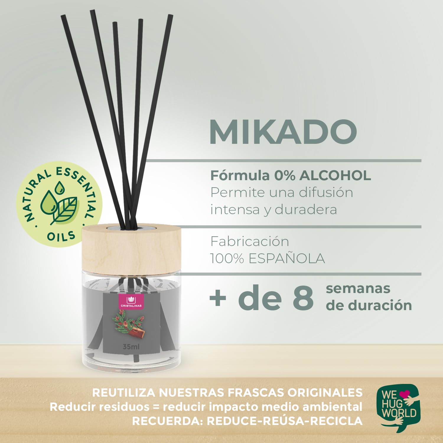 CRISTALINAS | Pack 2 Ambientador Mikado para Hogar | Fragancia Larga Duración 8 Semanas | 2x35ml | 0% Alcohol (Paquete de 2, Sándalo y cedro)