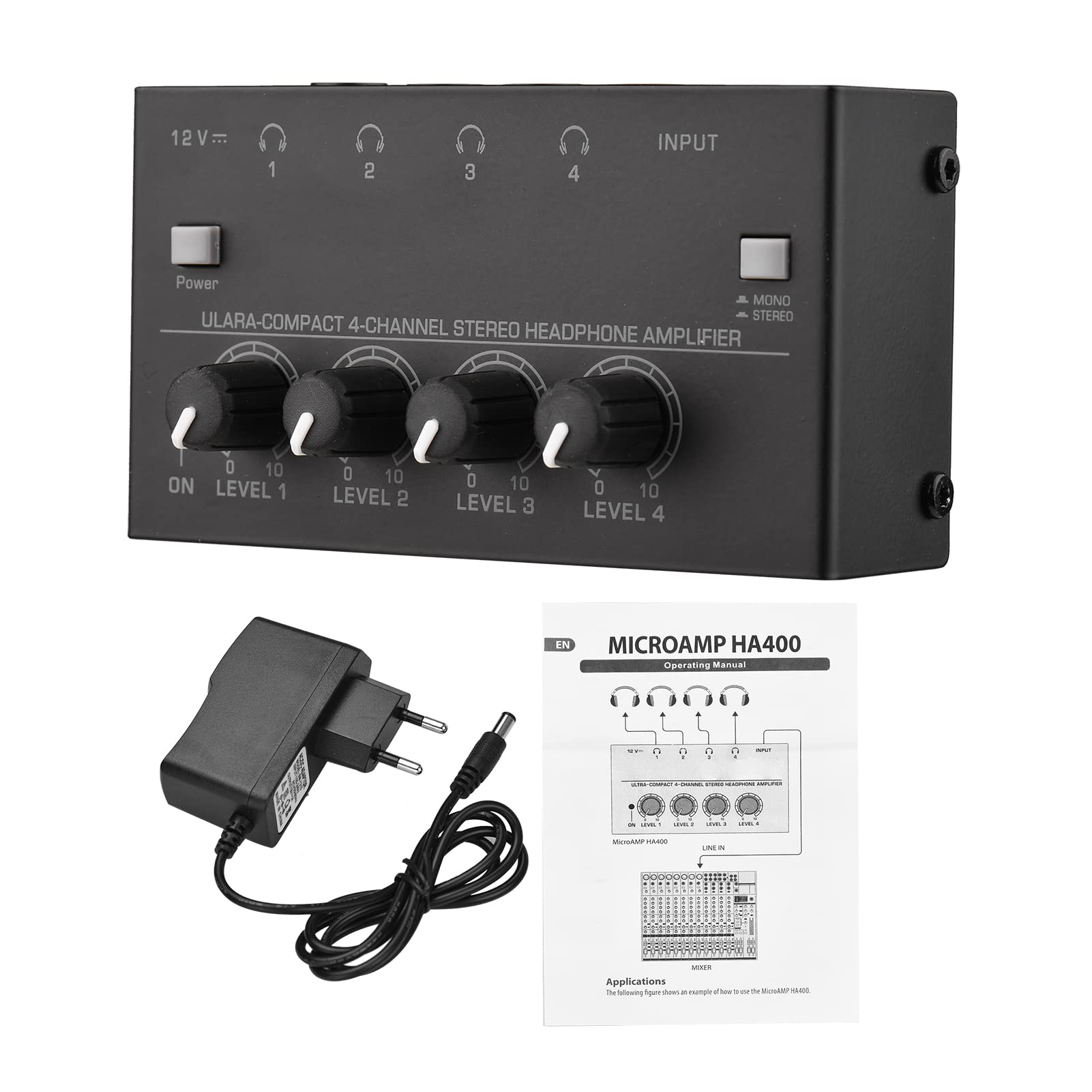 Rokie Ultra-compact 4-channel Stereo Headphone Amplifier Upgraded Mini Audio Amp with Mono & Stereo Switch Power Adapter Professional Mono/Stereo Audio Amp for Studio and Stage