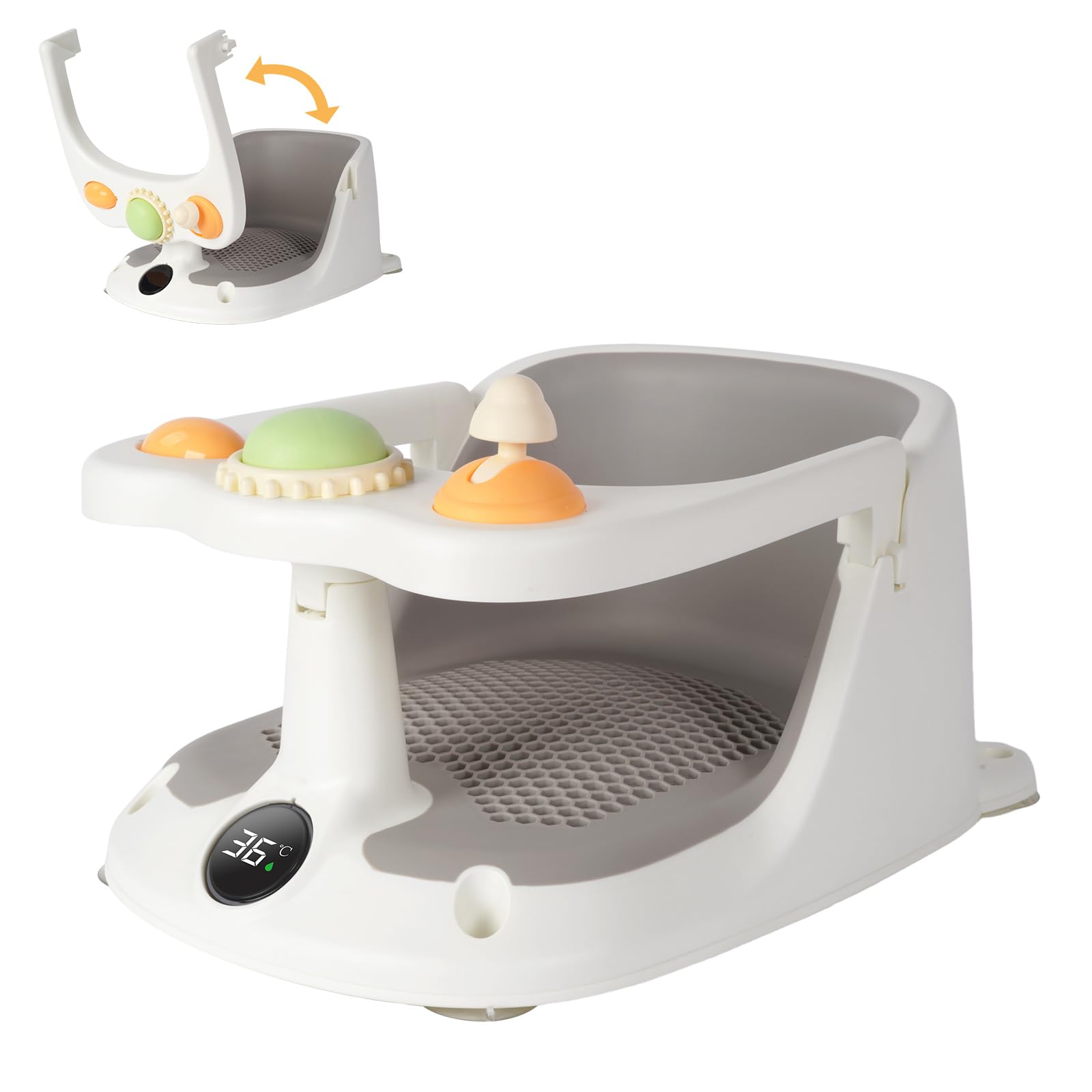 Vinteky Baby Badesitz Badewannensitz Sitzhilfe grau, Ab 6 Monate, Rutschfeste und hoher Sitzkomfort 360° Rundumschutz, mit Activity-Board&Temperaturfühler&4-starken Saugnäpfen