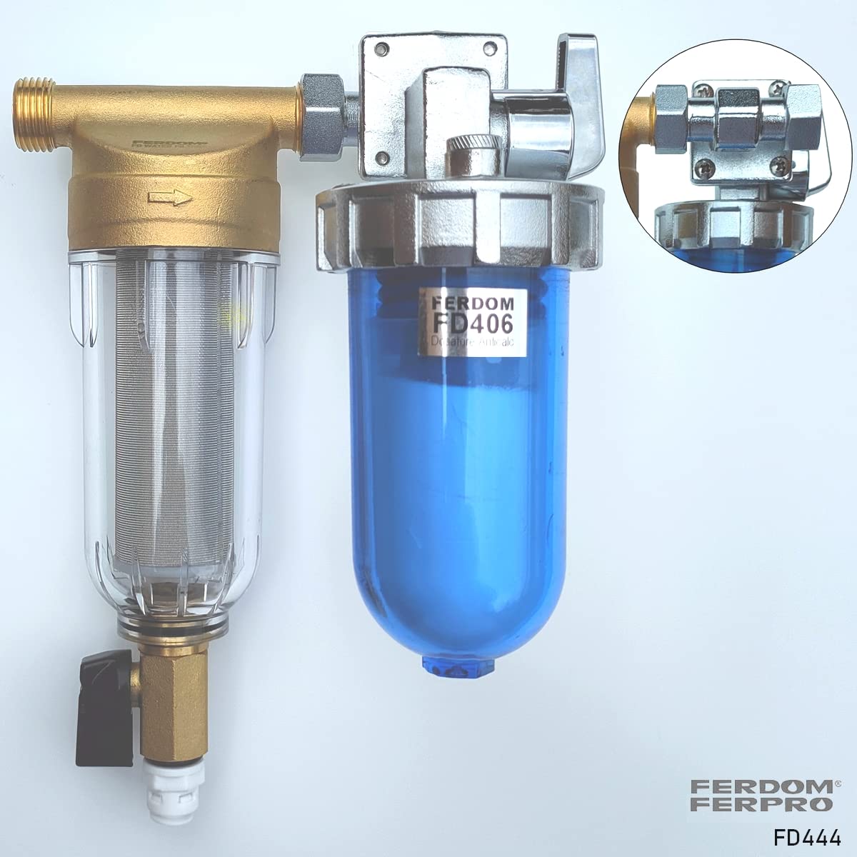 ZESTAW OCHRONY INSTALACJI FD444 FERDOM. 2 w 1. Filtr Wstępny, Osadowy Typu Spin-Down z Siatką Inox 40-60 μm (FD244) + Dozownik/Podajnik Proporcjonalny do Wody Wodociągowej, Dodatkowe Wkłady (FD406).
