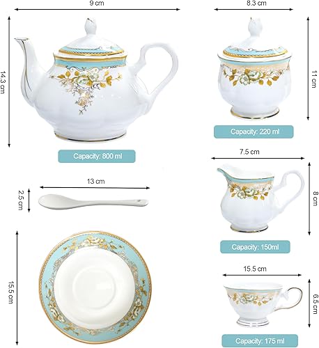 Miniatura 7 de Juego de té de porcelana de hueso, juego de té de porcelana de 21 piezas para adultos, tazas de té y platillos para 6, con tetera, cucharas,