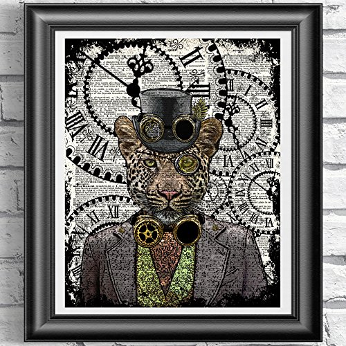 Leopard art print, Poster Print on Antique Dictionary book page, wall decor, Home decor, unique gift, Steampunk felin, Wall decor steampunk buy now online