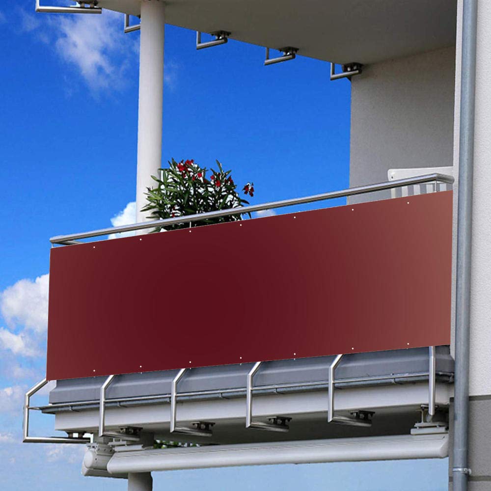 Odporny na warunki atmosferyczne zadaszenie balkonowe 145 x 400 cm – 100% ochrona prywatności 200 g/m², parawan ogrodzeniowy z linami i opaskami kablowymi, czerwona osłona ścienna
