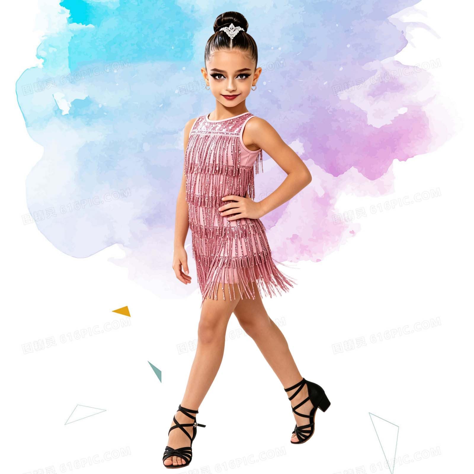 Vestido Ajustado sin Mangas con Lentejuelas y Flecos para niñas, Cuello Alto, Espalda Abierta, Ideal para Baile Latino y Fiestas, Brillo Intenso, Tallas 6-14.
