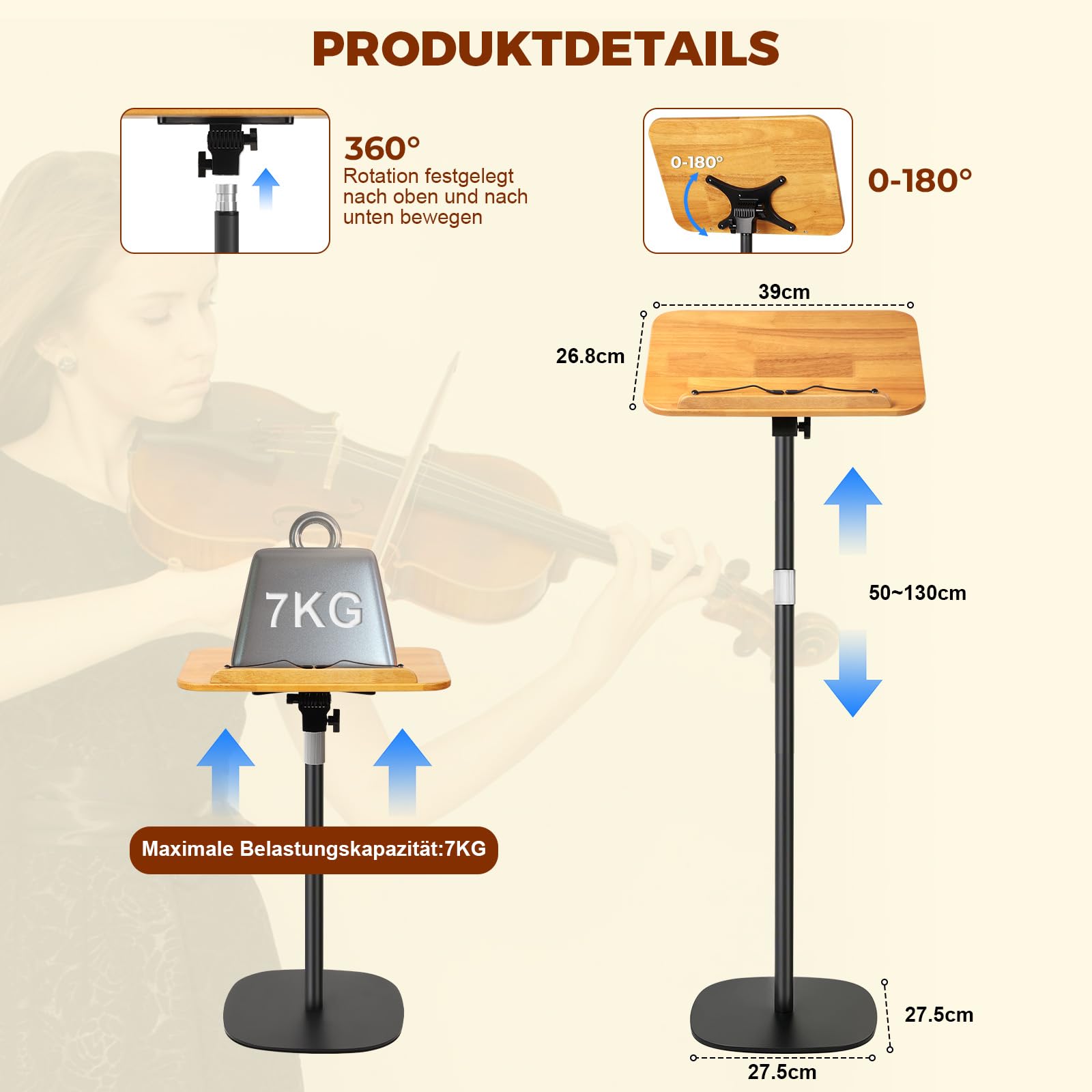 Buchständer Buchhalter Leseständer Notenständer Holz 180°-Neigung | 3 in 1 50-130 cm Höhenverstellbarer mit Elastische Seitenclips für Musiknoten Rezepte Tablet Laptop