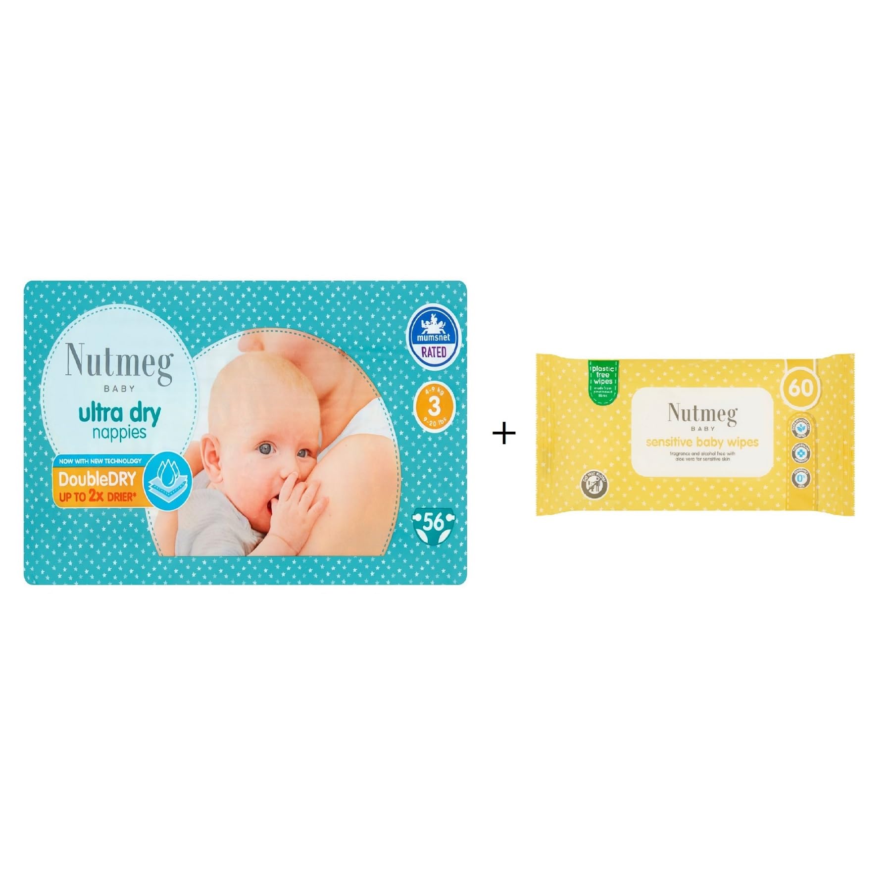 Nutmeg Size 3 Ultra Dry Nappies 56 Pack + 60 Fragrance Free Baby Wipes