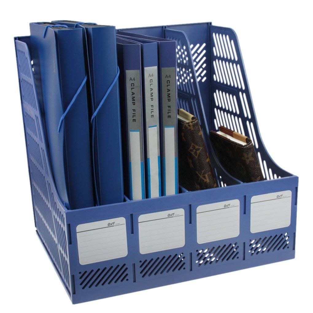 ABTRIX WITH AB File Folder Organizer for Office/Home Desktop, Document Storage Bins Crate Newspaper Book Holder Durable 4 Compartment for Supplies (Blue)