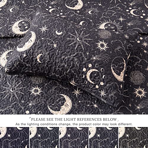 EXQ Home Quilt Set King Size Black Print 3 Piece,Lightweight Soft Coverlet Modern Style Sun Starry Pattern Bedspread Set(1 Quilt,2 Pillow Shams)