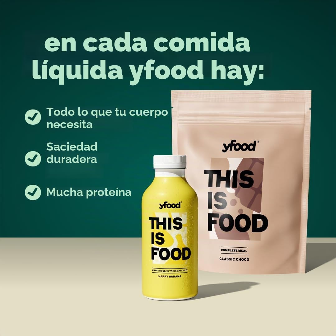yfood Comida Líquida Choco – 12 comidas de 400 kcal cada una en forma de polvo – 25g de proteína, vitaminas y minerales - Sabor: chocolate