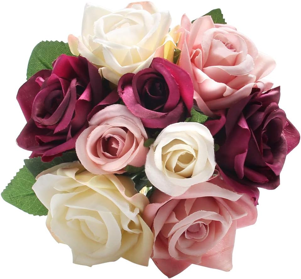 Artificial Fake Flowers Silk Plastic Artificial Roses 9 Heads Bridal Wedding Bouquet for Home Garden Party Wedding Decoration (Mix Color)