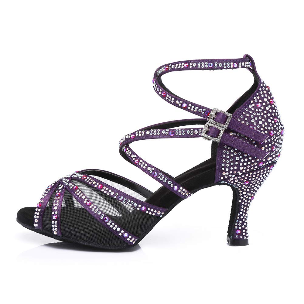 HROYL Zapatos de Baile de Salón Tacon Mujer Fiesta Elegante Zapatos de Baile de Diamante de Imitación Latino Salsa Tango, ES-YCL373-Morado-7.5 EU 43