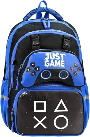 JUST GAME Ortopedik Okul Çantası, Beslenme Çantası ve Kalemlik 3'lü Set, Mavi-Siyah, 30x42x20 cm