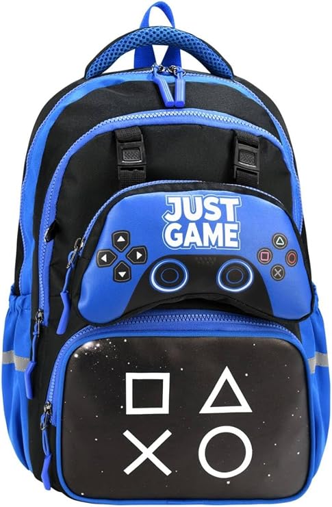 JUST GAME Ortopedik Okul Çantası, Beslenme Çantası ve Kalemlik 3'lü Set, Mavi-Siyah, 30x42x20 cm