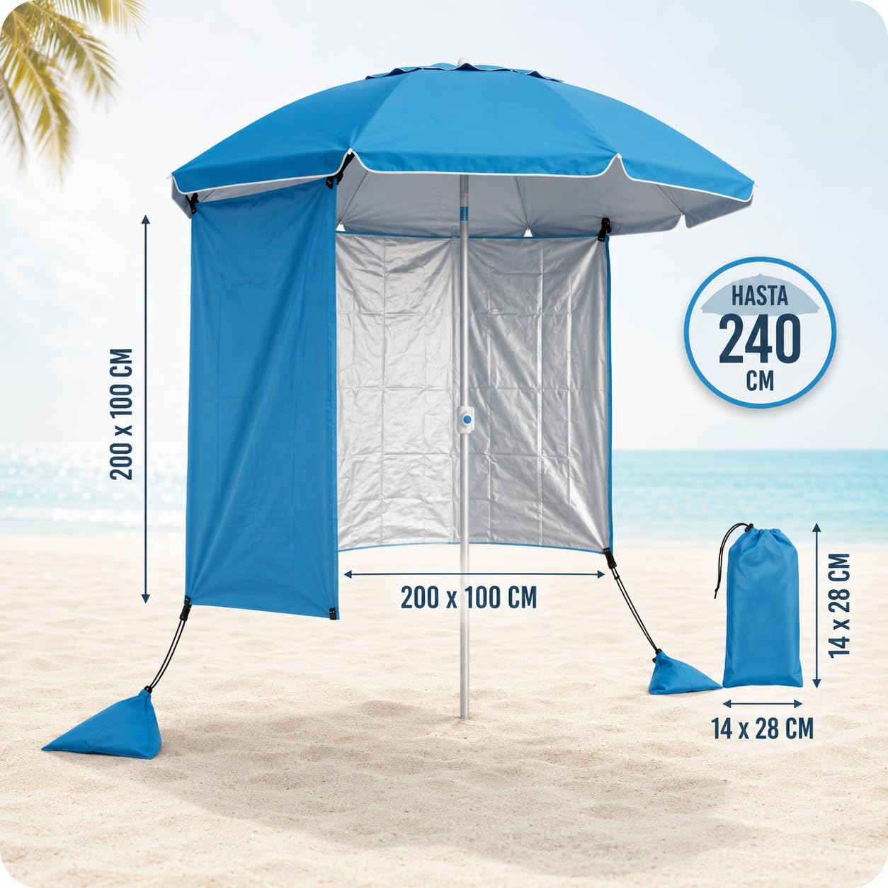 Pincho Tenda laterale per ombrellone da spiaggia, paravento da spiaggia con sacchi di sabbia, ombra extra antivento, riparo pieghevole per ombrellone, accessorio compatto, resistente e leggero, 200 x