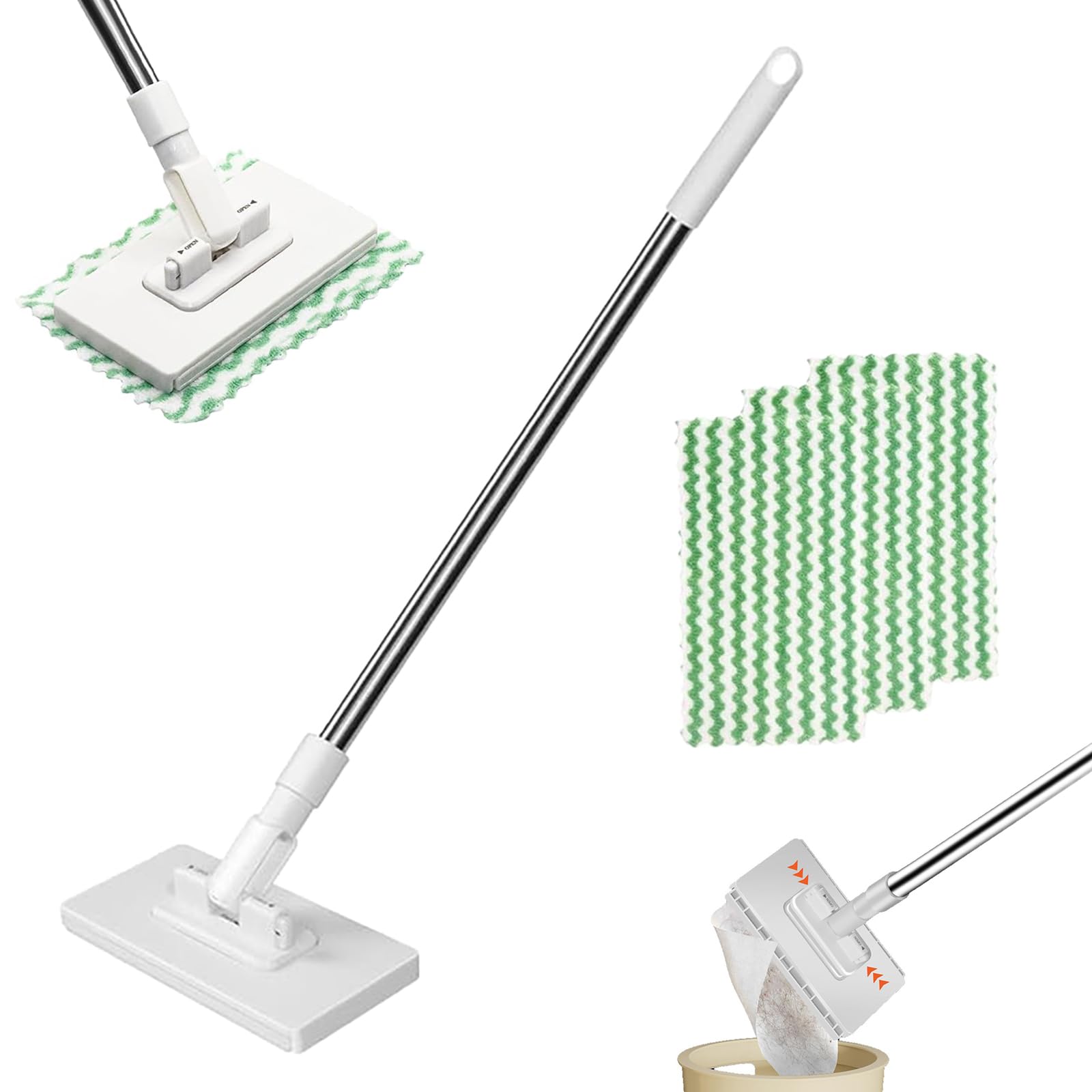 Disposables Dust Mop With 10 Reusable Cloths, lazy Mop Clip On, Cloth changing mini mop & 360° Rotating Head, Compatible with Reusable Towels & Disposable Wipes for Floor Wall Bathroom Kitchen(B)