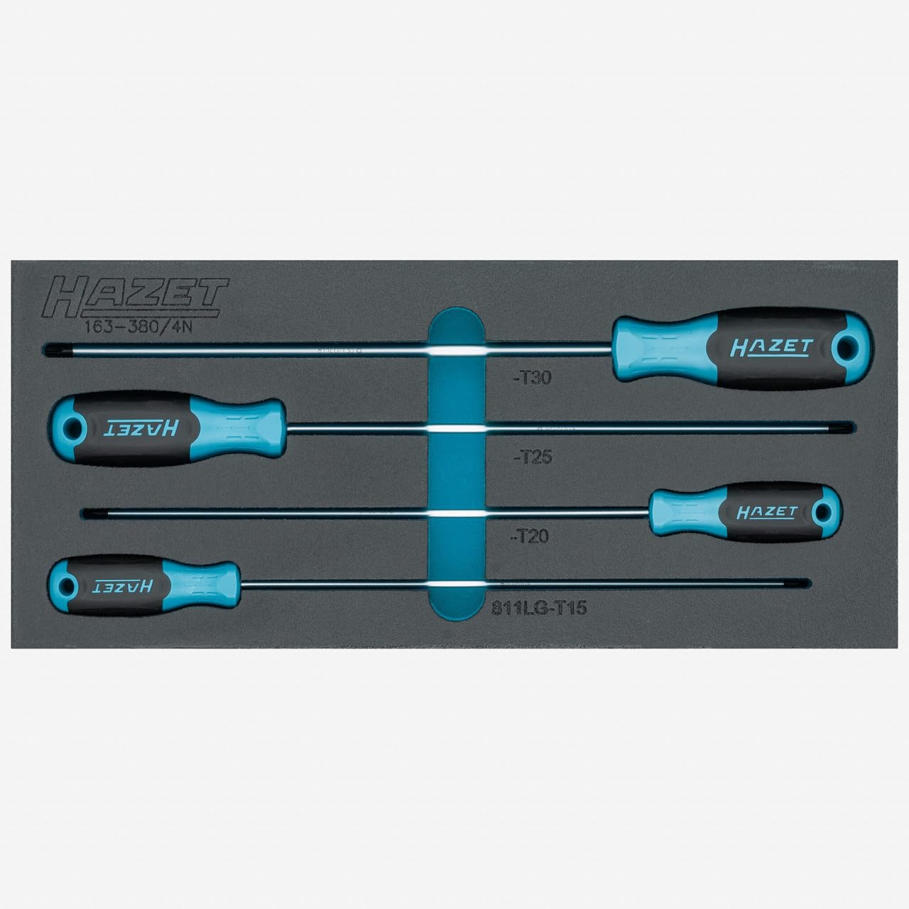 HAZET Set di cacciaviti 163-380/4N, 4 pezzi, extra lunghi, profilo TORX interno, T15, T20, T25, T30, per lavori di avvitamento precisi e difficili da raggiungere