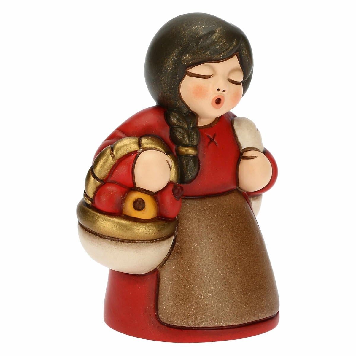 THUN - Presepe 2022 - Statuina Presepe Donna al Mercato in Ceramica Decorata a Mano, Versione Vestito Rosso - Linea Presepe Classico - 5,8x5x8 cm h