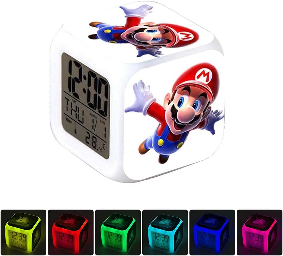 R-timer Mario 7 Colors Change Digital Alarm Clock with Time, Temperature, Alarm, Date
