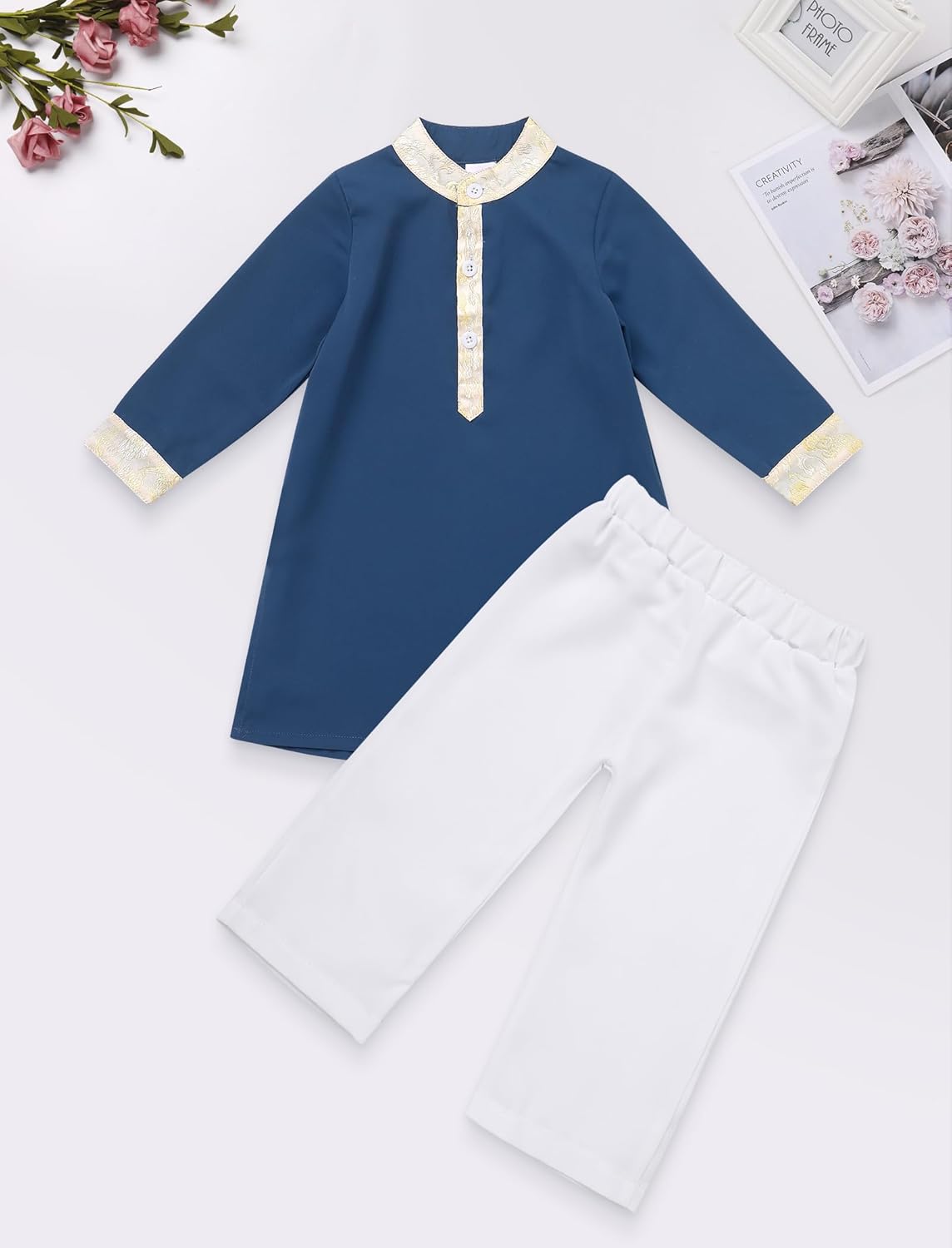 IWEMEK 2PCS Baby 1st Ramadan Outfit Muslim Clothes for Baby Boys Thobe Eid Robe Pants Set Toddler Kaftan Islamic Prayer Abaya
