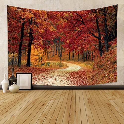 Oerju 33.9X27.6 Inches Autumn Tapestry Fallen Leaves Maple Leaf Fall Scene Forest Road Mountain Yellow Leaves Natural Landscape Calm Wall Hangings Plant Bedroom Ornament Bed Cover Colledge Dorm #TOP2