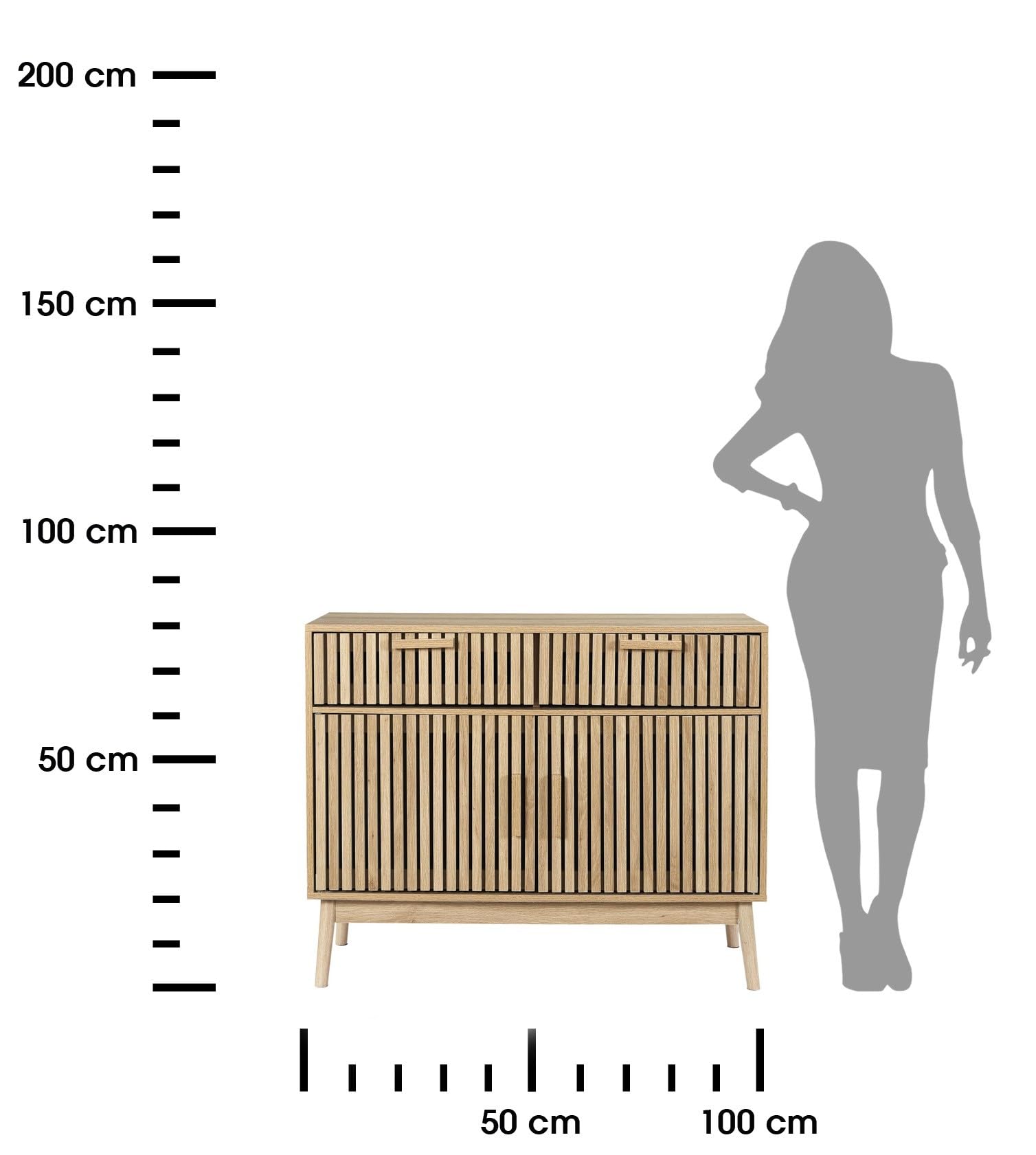 Commode Linea couleur chêne – Buffet avec 2 tiroirs et 2 portes, façades modernes avec fraisage vertical, meuble pour salon, salle à manger, couloir
