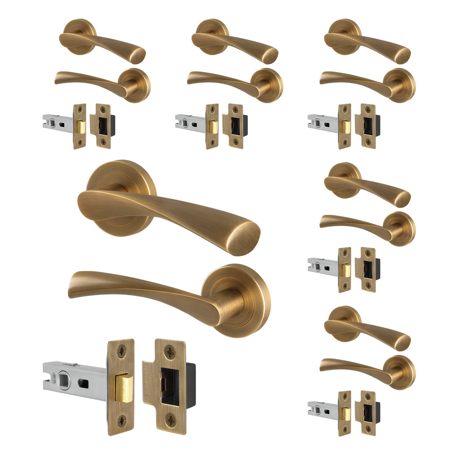 EAI Antique Brass Door Handles and Latch Set, 6 Pairs of Internal Round Rose Handles and Latch 64mm - Novoli Range