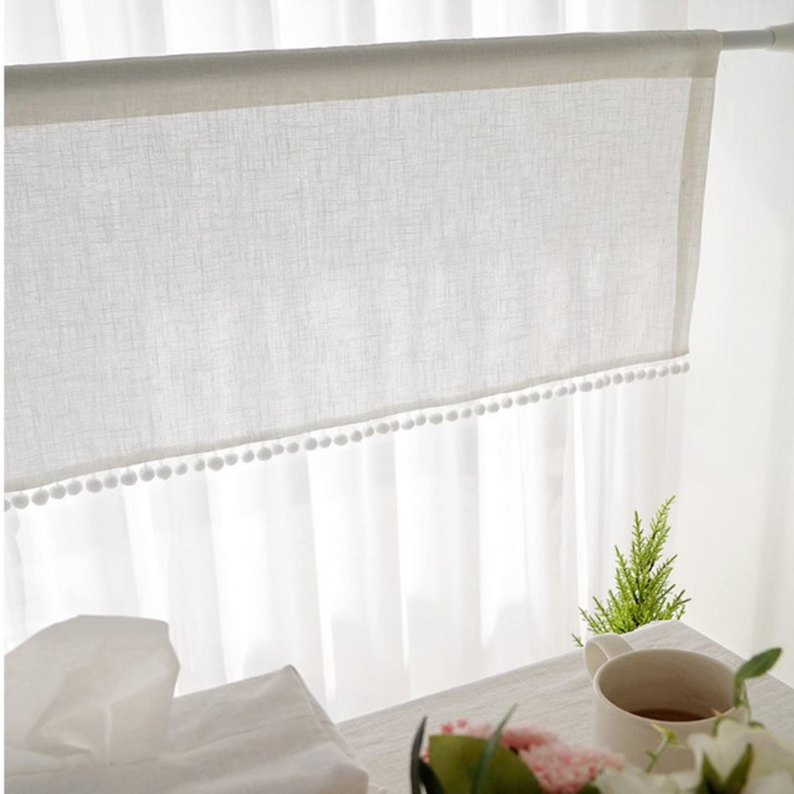 A.Monamour Gardine Scheibengardinen Kurzstores Einfarbig Weißes Transparent Baumwolle Leinen Mit Pompon Quaste Kurzvorhang Kurzgardinen Küchengardine Volants Küche Fenster Kurz Vorhang Bistrogardine