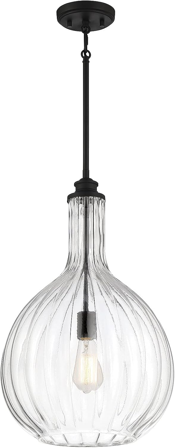 Savoy House 7-2255-1-89 Brandon Industrial Clear Fluted Glass Pendant, 1-Light 60 Watt, 22" H x 14" W, Matte Black
