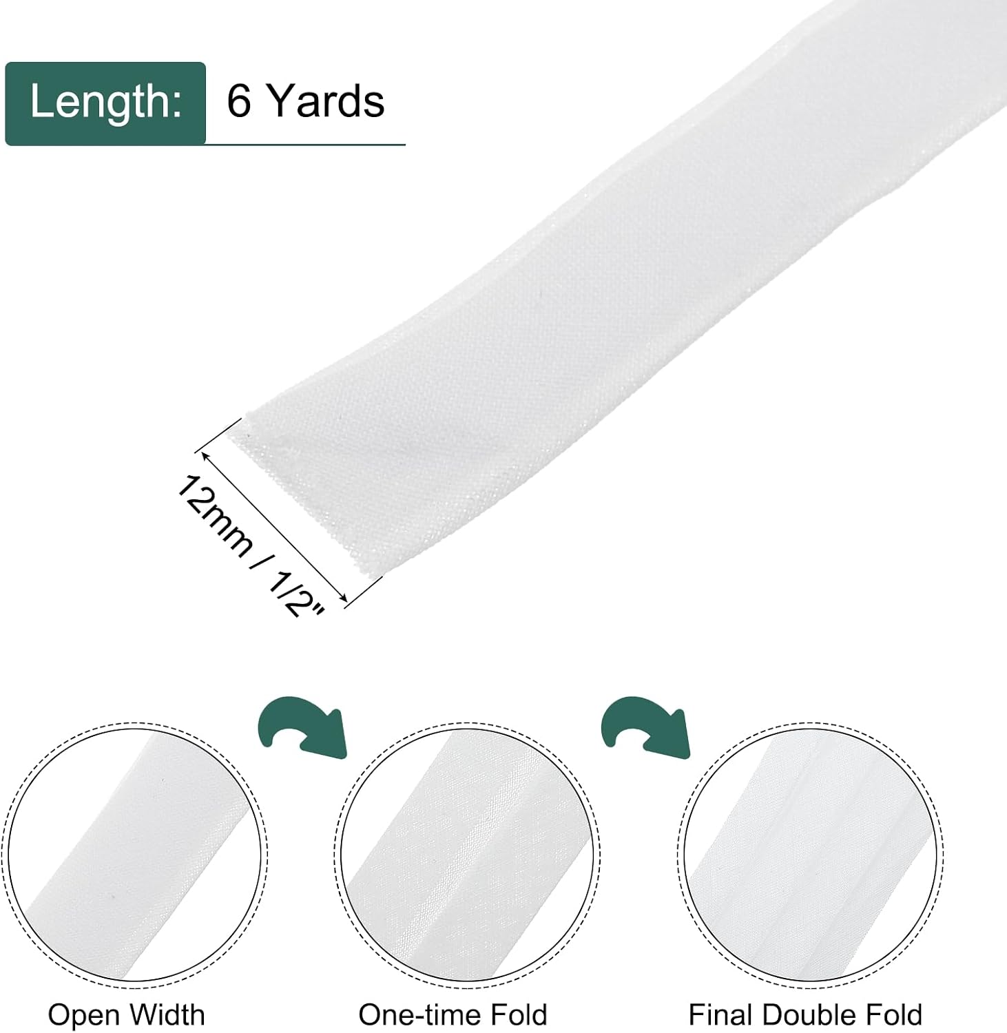 MECCANIXITY 1/2 Inch Double Fold Bias Tape Continuous Bulk Cotton Bias Tape for Sewing Seaming Quilting Hemming Binding Crafts (White 6 Yards)