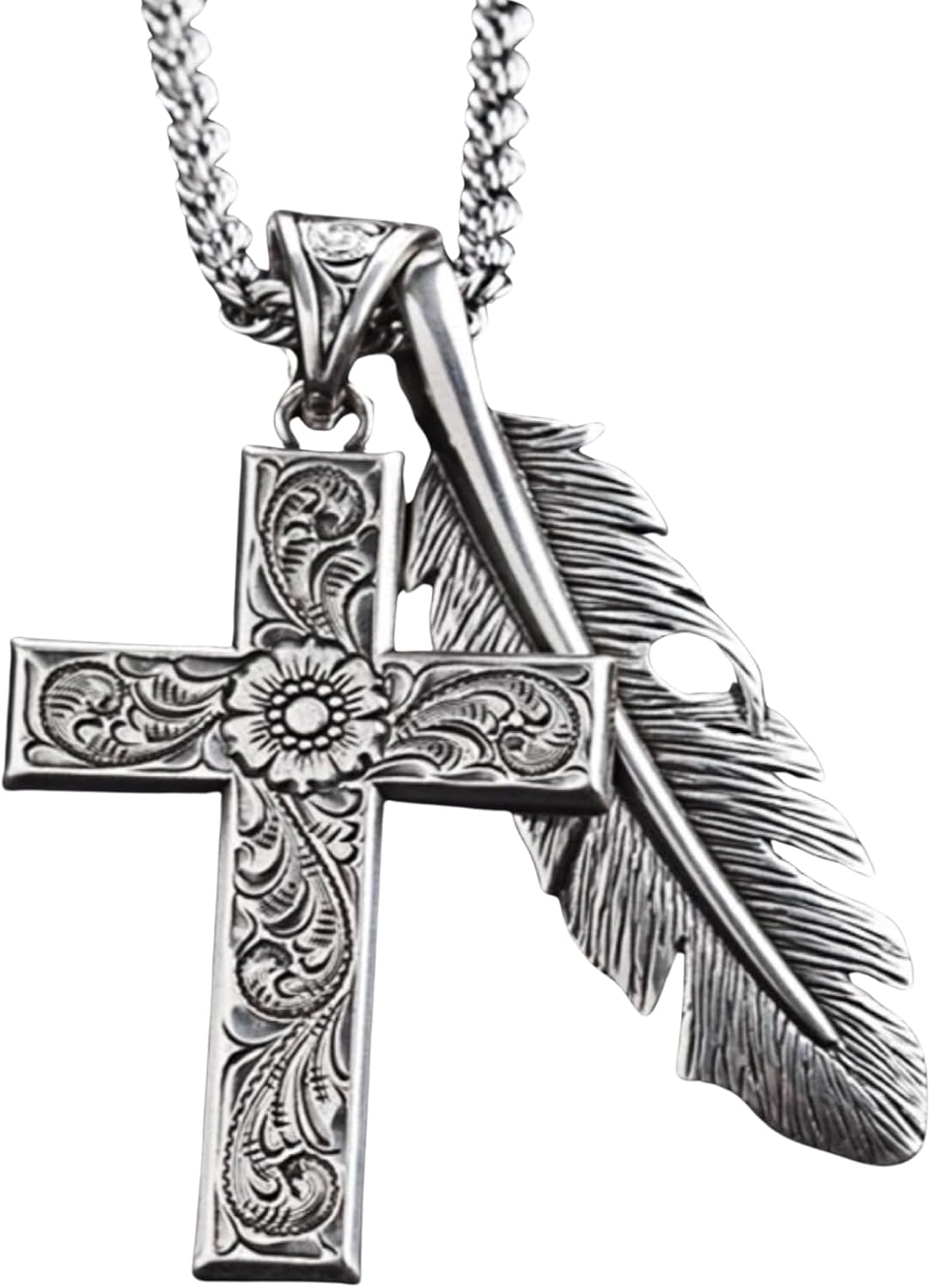 M&F Western Products Twister Cross & Feather Necklace, Silver, 24” Chain - Image 2