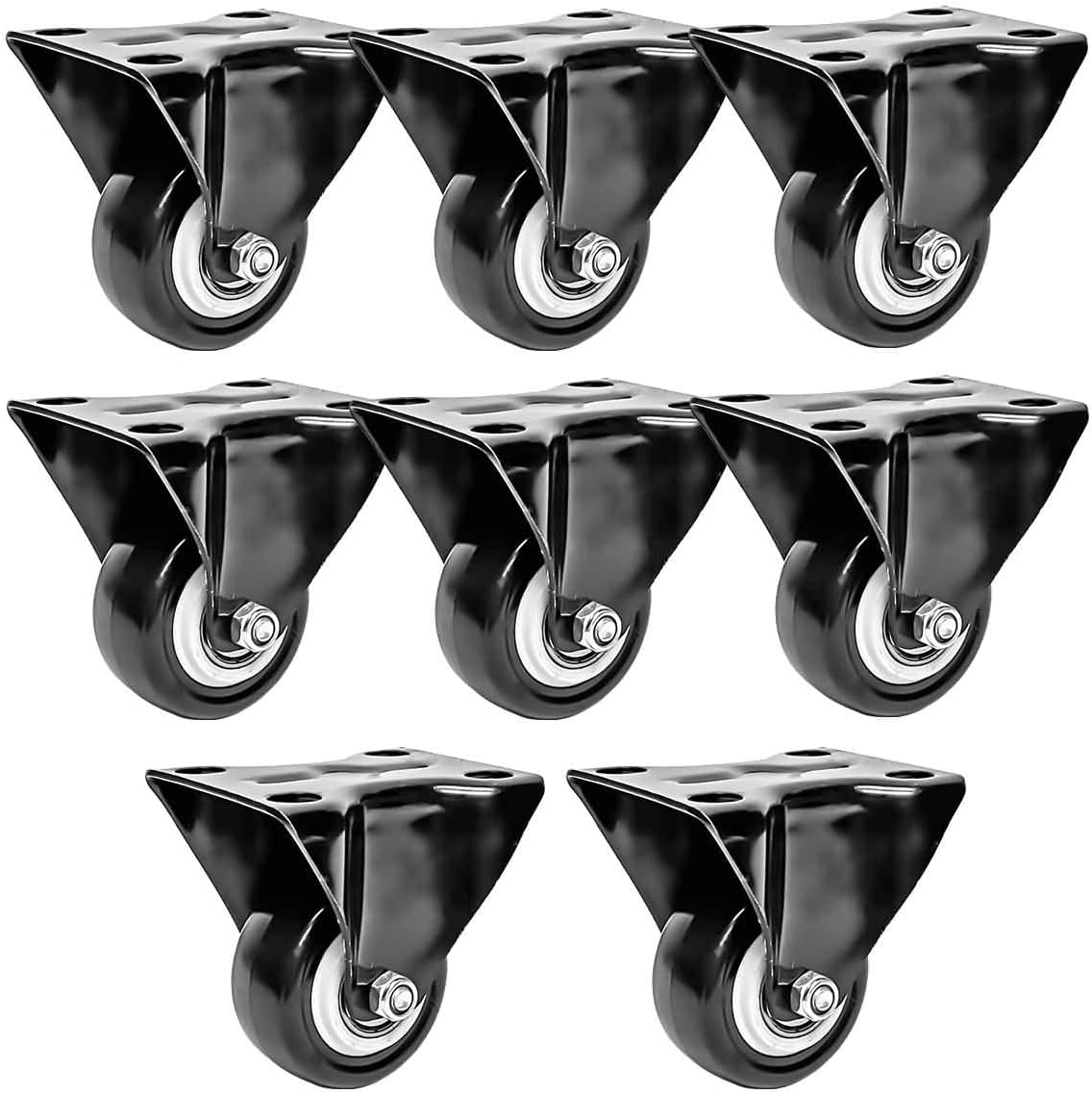 FactorDuty 8 Pack 2 inch Caster Wheels Rigid Fixed Stationery Non Swivel All Black Polyurethane Wheels Premium Non Marking No Noise 150LB Per Wheel