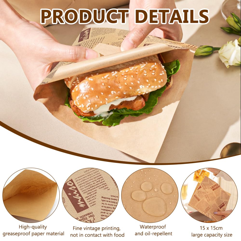 Lot De 200 Sacs Pour Hamburger, 15 X 15 Cm, Papier D'emballage Alimentaire, Papier Huileé Pour Aliments Pour Chips, Hamburgers, Sandwichs (C 15 X 15 Cm 100 Pièces