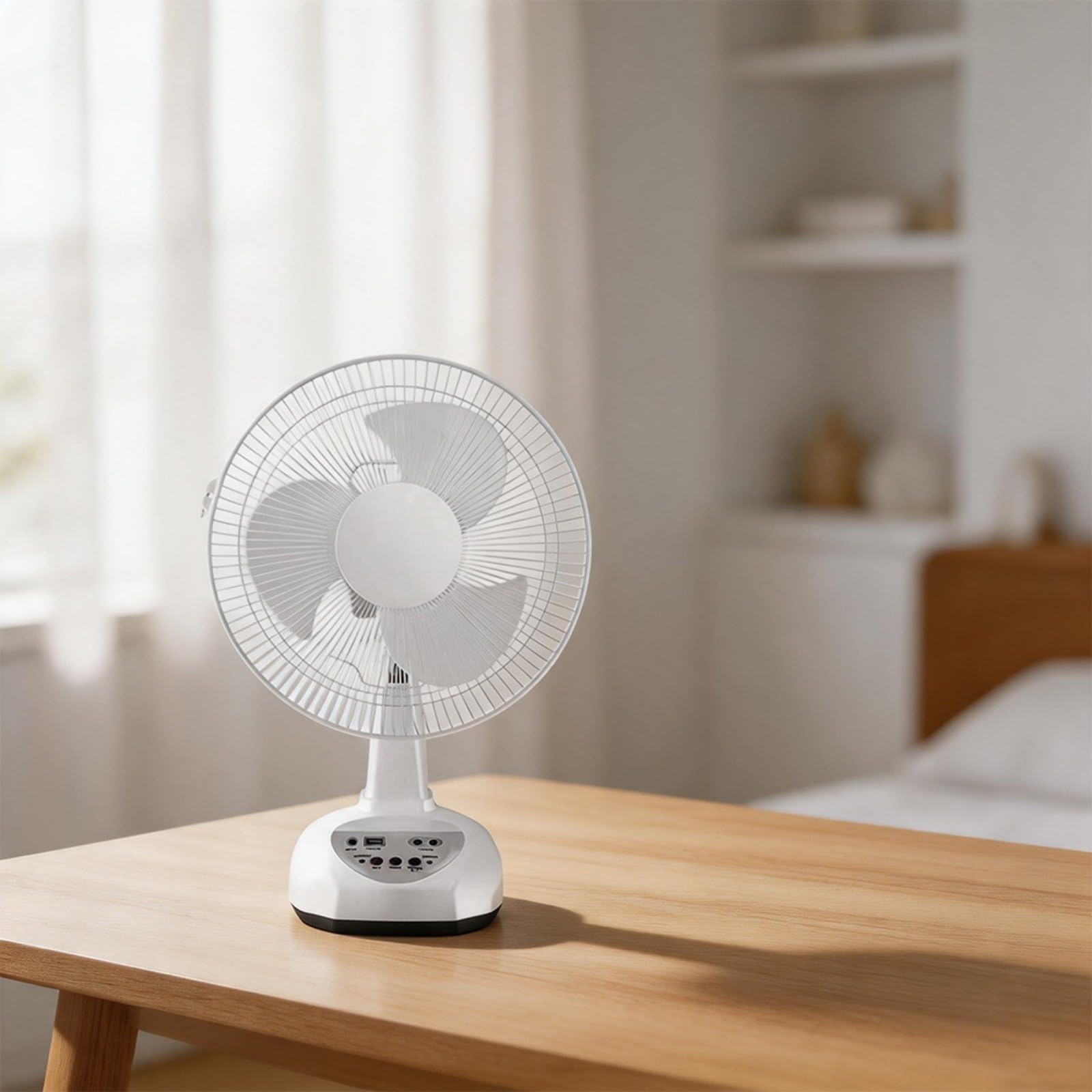 Ventilatore oscillante ricaricabile ad energia solare da 30,5 cm con 3 impostazioni e doppia modalità di luce notturna, struttura in ABS, bianco, ideale per campeggio, attività all'aperto e