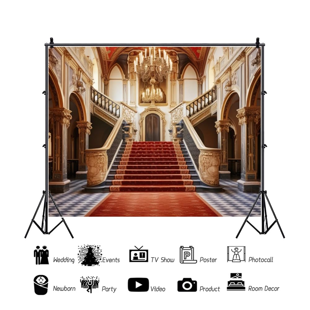 Lujoso telón de fondo de palacio, alfombra roja, telón de fondo para boda, hotel, pasillo, escalera, fotografía, aniversario, despedida de soltera, fiesta, sesión de fotos, accesorios de 10 x 8 pies