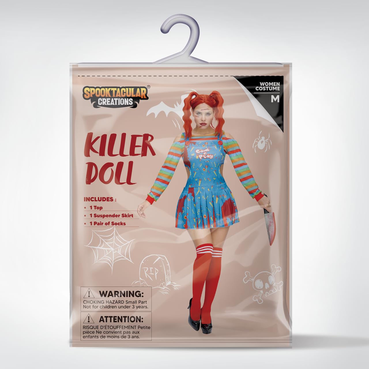 Spooktacular Creations Costume da bambola assassina da donna, vestito cosplay da clown con maglietta arcobaleno, gonna con reggicalze e calze al ginocchio per costume da festa di Halloween-S