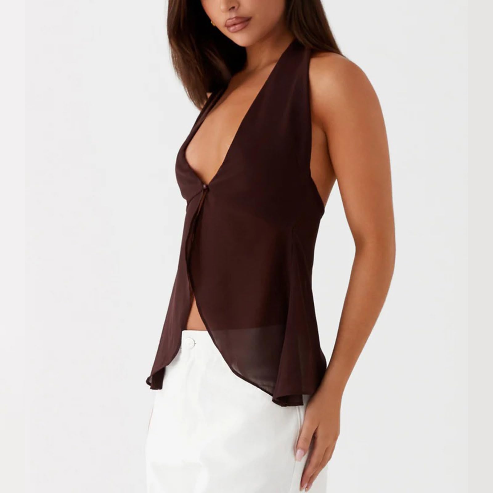 Sexy Outfit Top con Cuello Halter para Mujer, Blusa sin Mangas de Gasa Transparente con Cuello en V Profundo y Espalda Abierta, Top Elegante para Fiesta de Verano