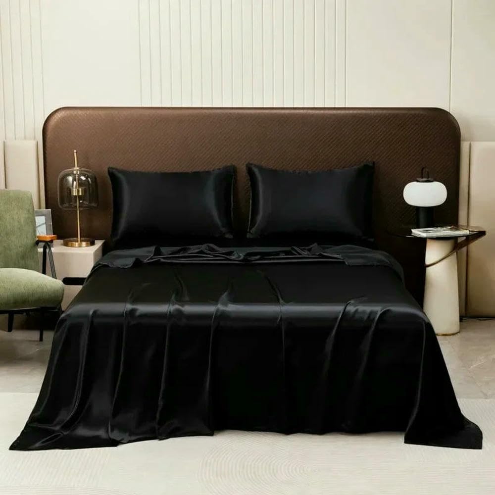 Sábana Plana de Seda Helada de Lujo Negra de 2/3 Piezas con Funda de Almohada, Juegos de sábanas Suaves de Alta Gama, sábanas Lavables a Prueba de Polvo