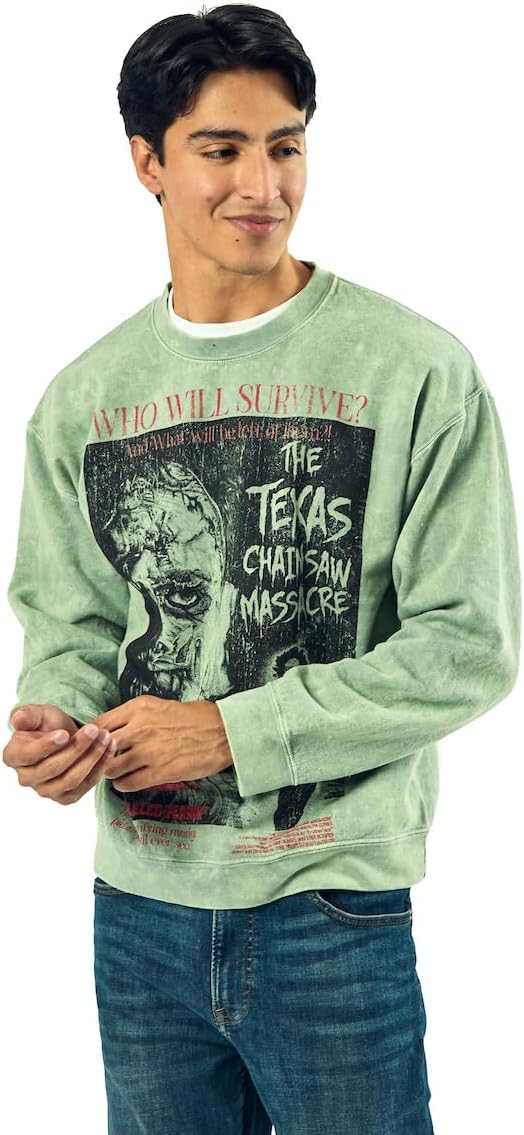 Bioworld Texas Chainsaw Massacre Who Will Survive Oversized Poster AdultUnisex Mineral Washed Crew Neck LongSleeve Sweatshirt