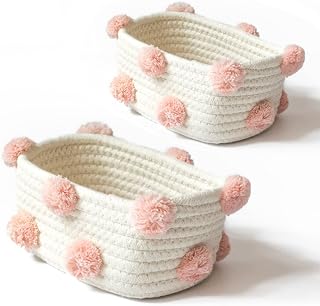 2X Cotton Woven Storage Basket Cute Pompom Decor Sundries Finishing Box Nordic Cosmetic Toys Organizer Pink S