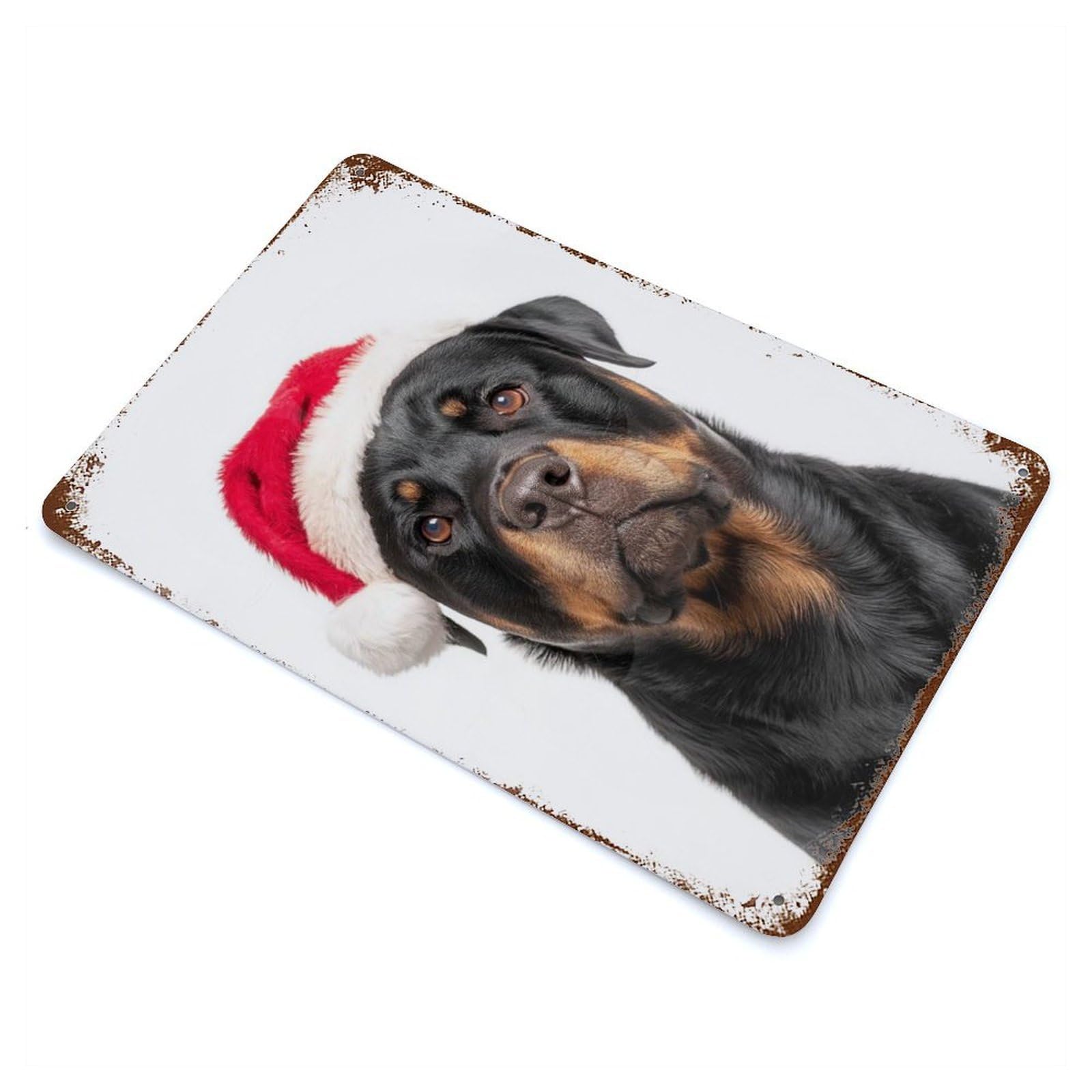 Vintage Rust Metal Sign with Christmas Rottweiler Dog with Santa Hat Design 11.8"x7.9", for Shed, Workshop And Garage Wall Decor, Classic Wall Plaque