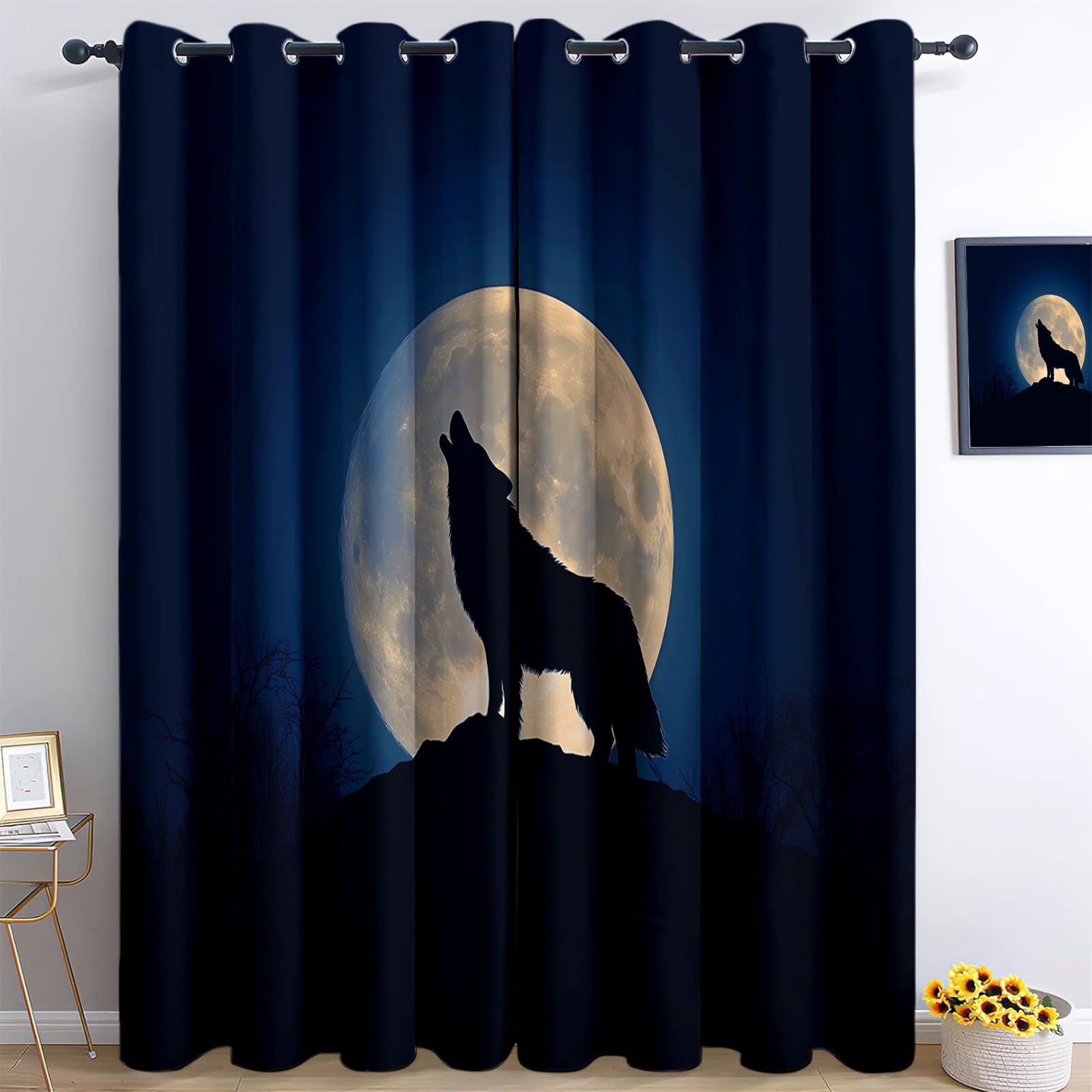 Generisch Tiere Vollmond Wolf Vorhänge 166 x 75 cm, Kunststil Verdunkelungsvorhänge Ösenvorhänge Blickdicht Thermo Lärmschutz, Lichtundurchlässig für Kinderzimmer Schlafzimmer Deko, 2er Set