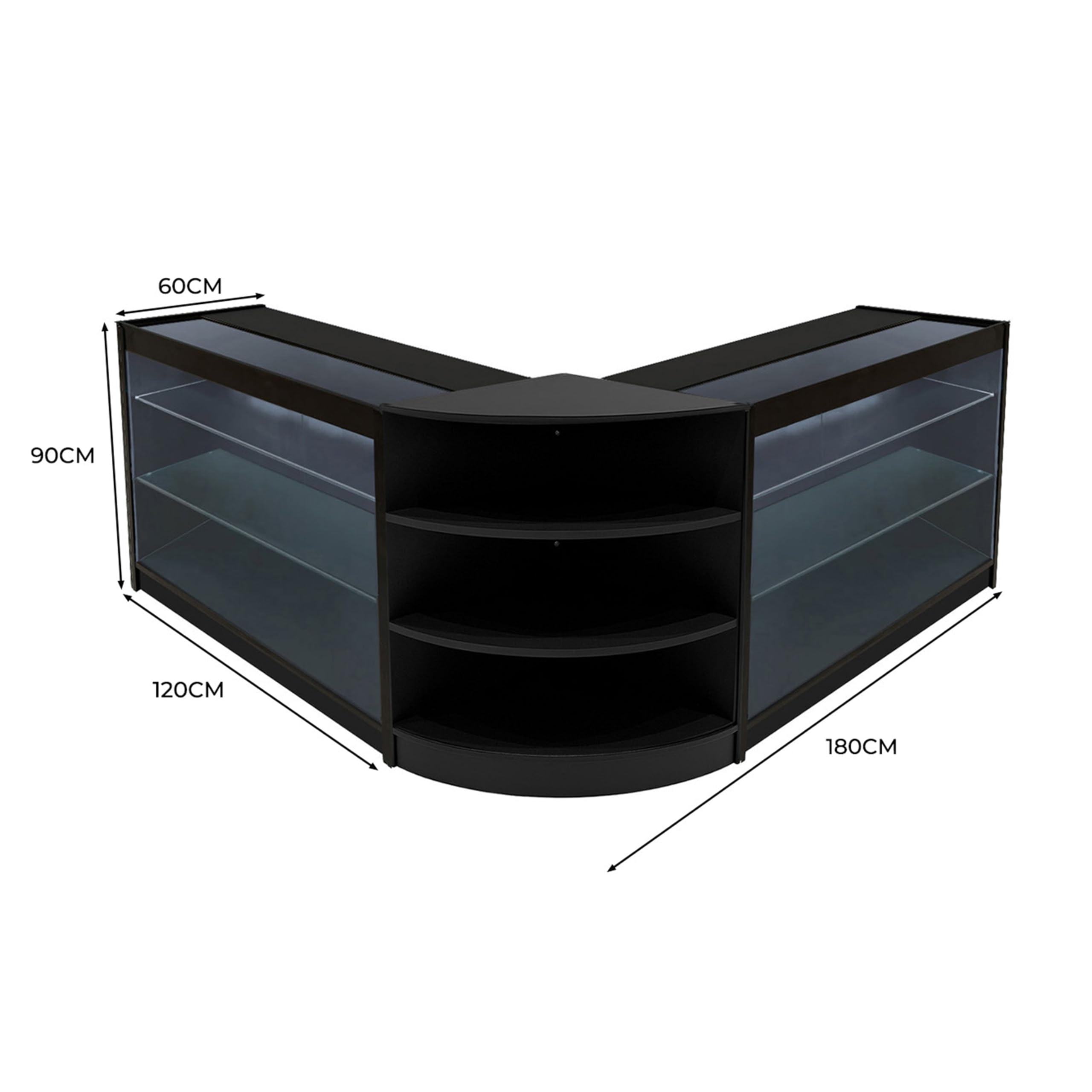 Set Bancone Nero Apollo LED K1200 LM60 con Serratura, Ante Scorrevoli, Chiavi, 3 Mobili Espositivi con Vetrina, Ripiani Interni, Illuminazione Bianca per Negozio, Gioielli, Abbigliamento