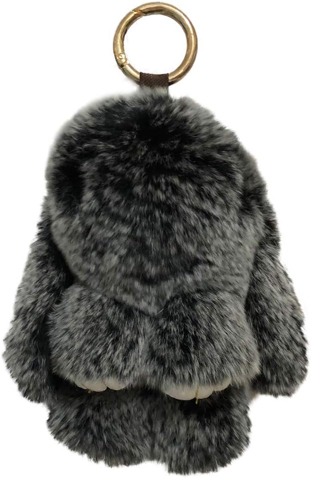 Bunny Keychain Soft Cute Rex Genuine Rabbit Fur Keychain Car Handbag Keyring (Black)