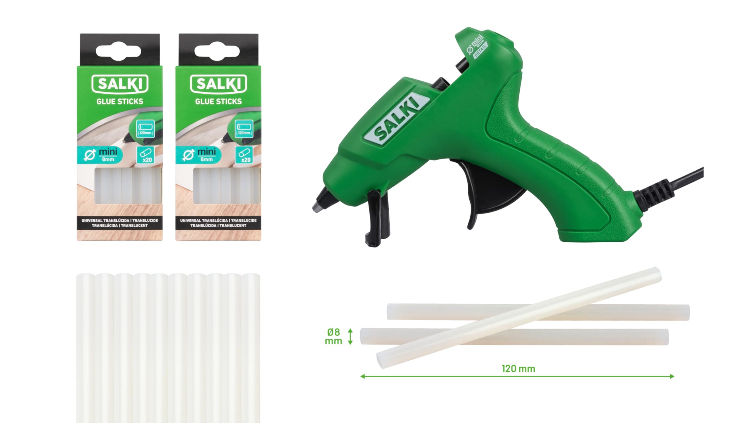 Salki – Pack Premium Glue Gun 25W + 2 Boxes Bars Ø8 mm (40 Units) | for Small Details
