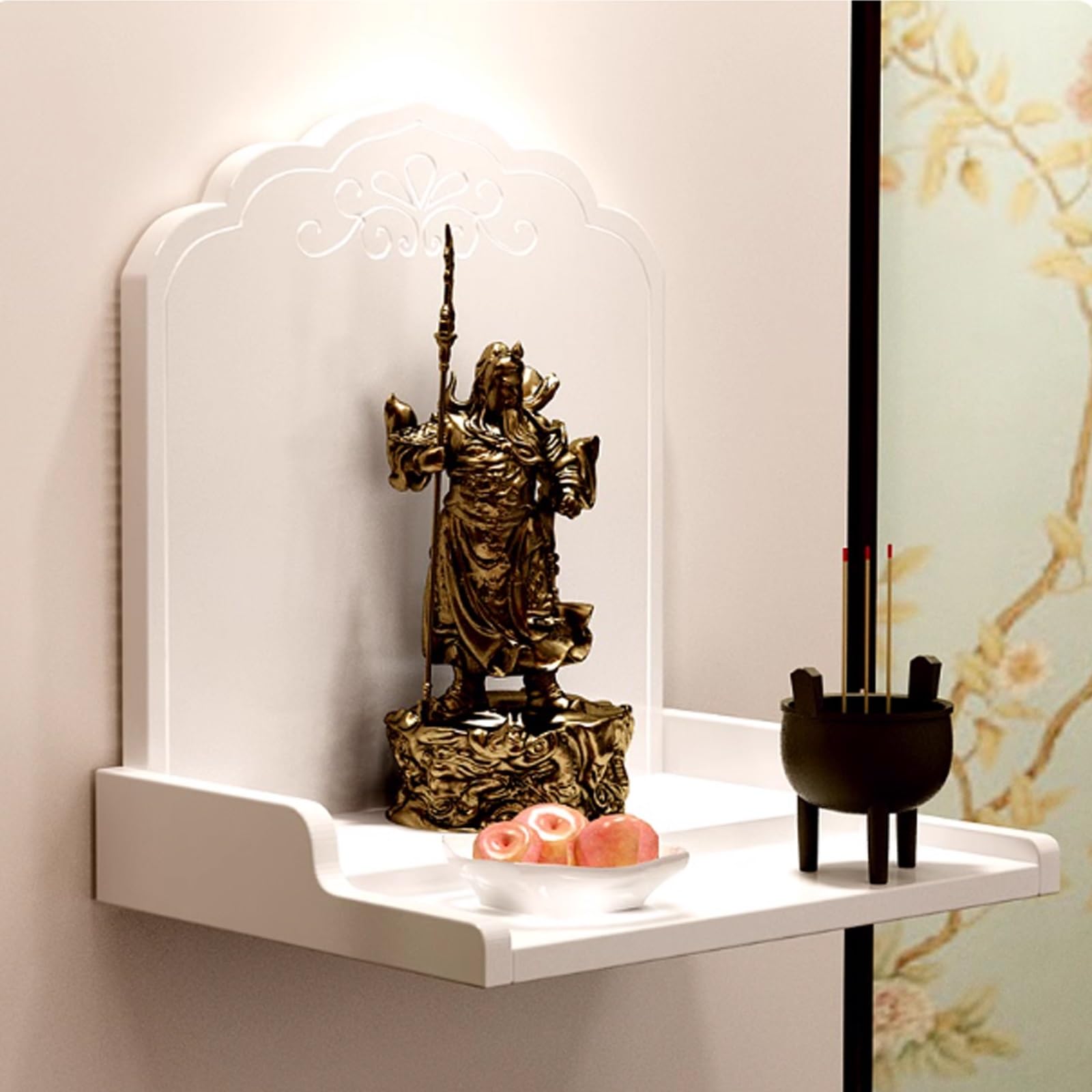 JNTFNE Wall-Mounted Buddha Statue Stand Household Small Buddhist Shrine Altar Table solid wood Prayer Offering Chinese Shelf for Incense Offerings(White,43 * 37 * 42cm/16.9 * 14.6 * 16.5in)