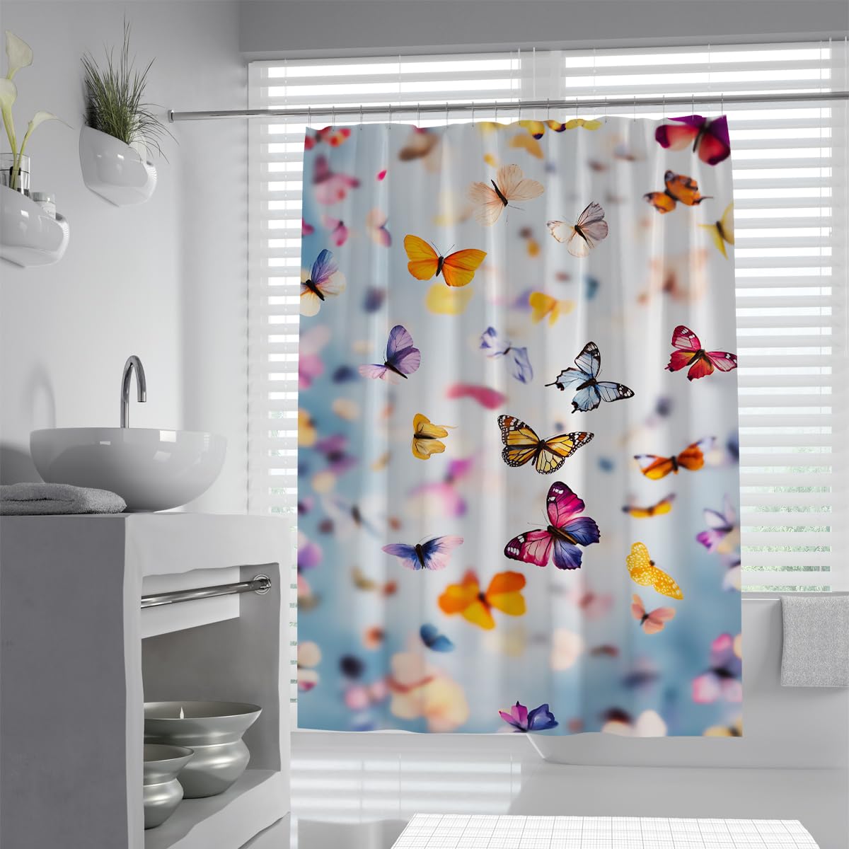 UIRINGART Vibrant Butterfly Shower Curtain W200xL200cm Colorful Watercolor Animal Design Anti Mould Water Repellent Bath Curtains For Bath Tub With Hooks