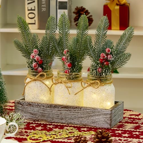 KIVIVO Christmas Centerpieces for Tables, Table Decor with Mason Jar, Flowers Picks, Farmhouse Wood Tray, 23 Pcs Christmas Winter Table Decorations Centerpieces, Xmas Holiday, Kitchen, Dining Decor