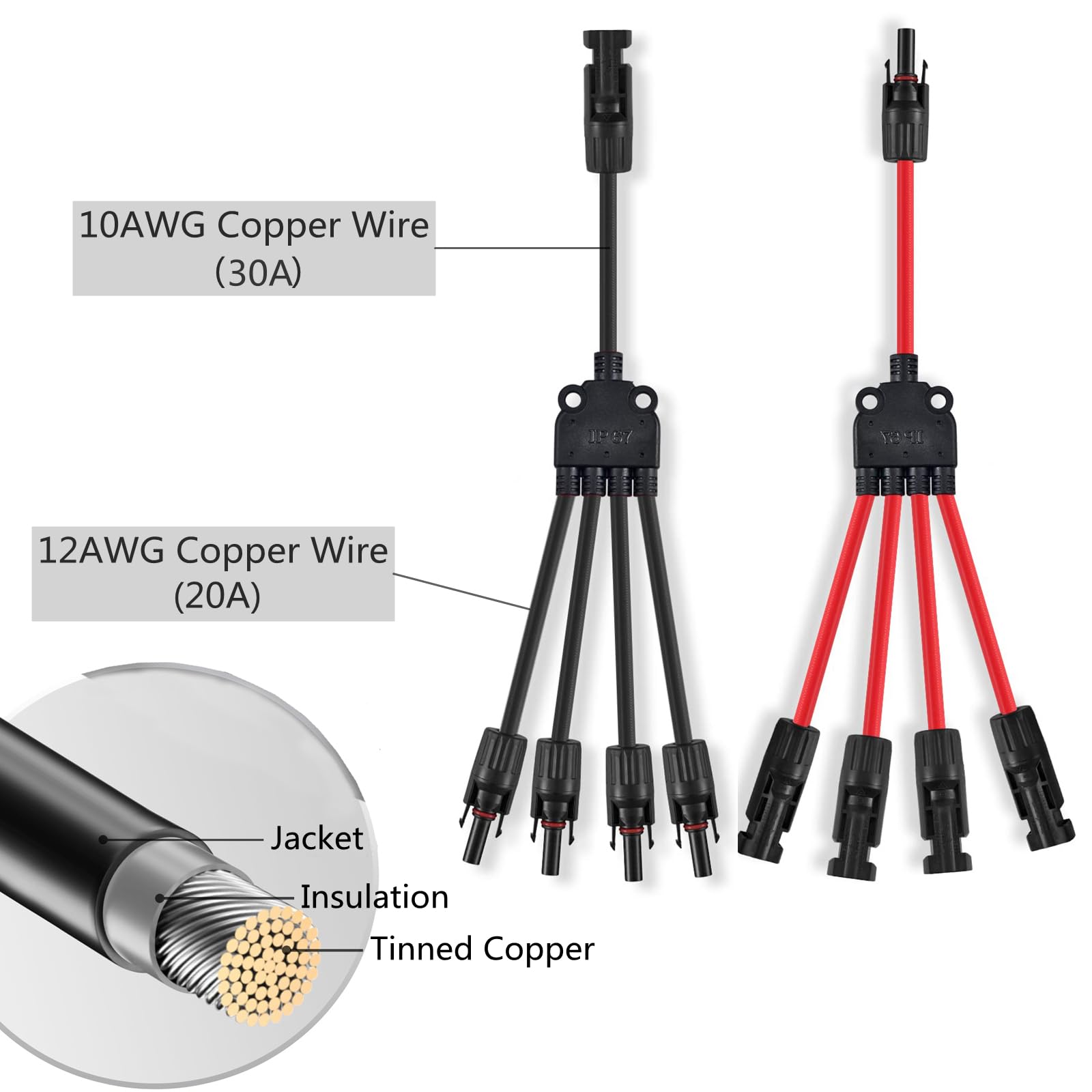 Conectores solares 4 a 1, adaptador paralelo de rama en Y para múltiples paneles solares (rojo y negro)